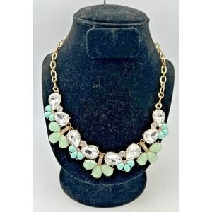 Gold Tone Bib Necklace with Mint Green Teardrop Stones and Large Rhinestones